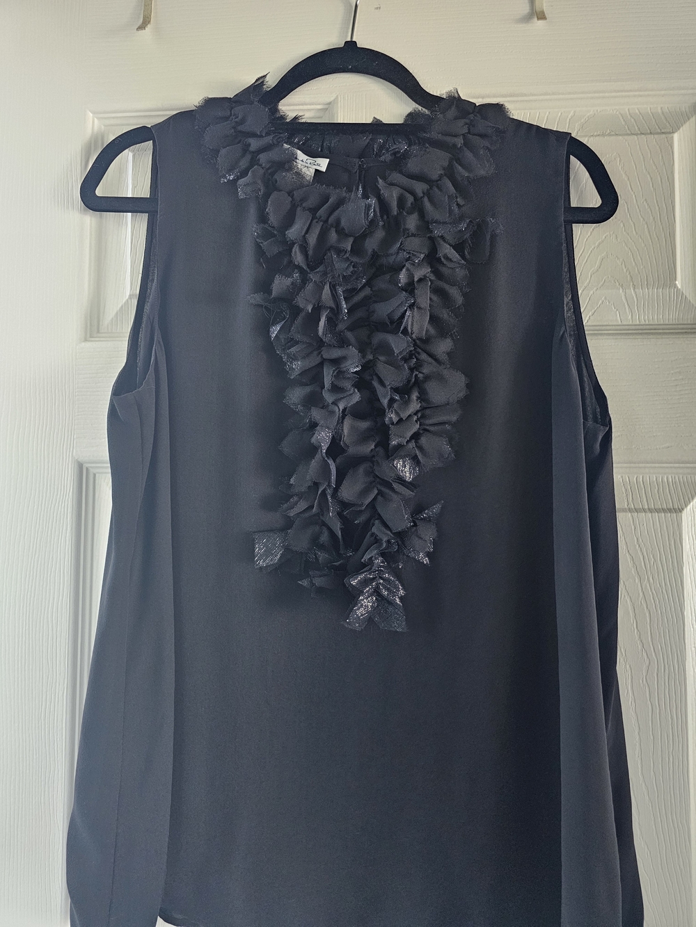Oscar de la Renta Black Silk Ruffle-Trim Sleeveless Top